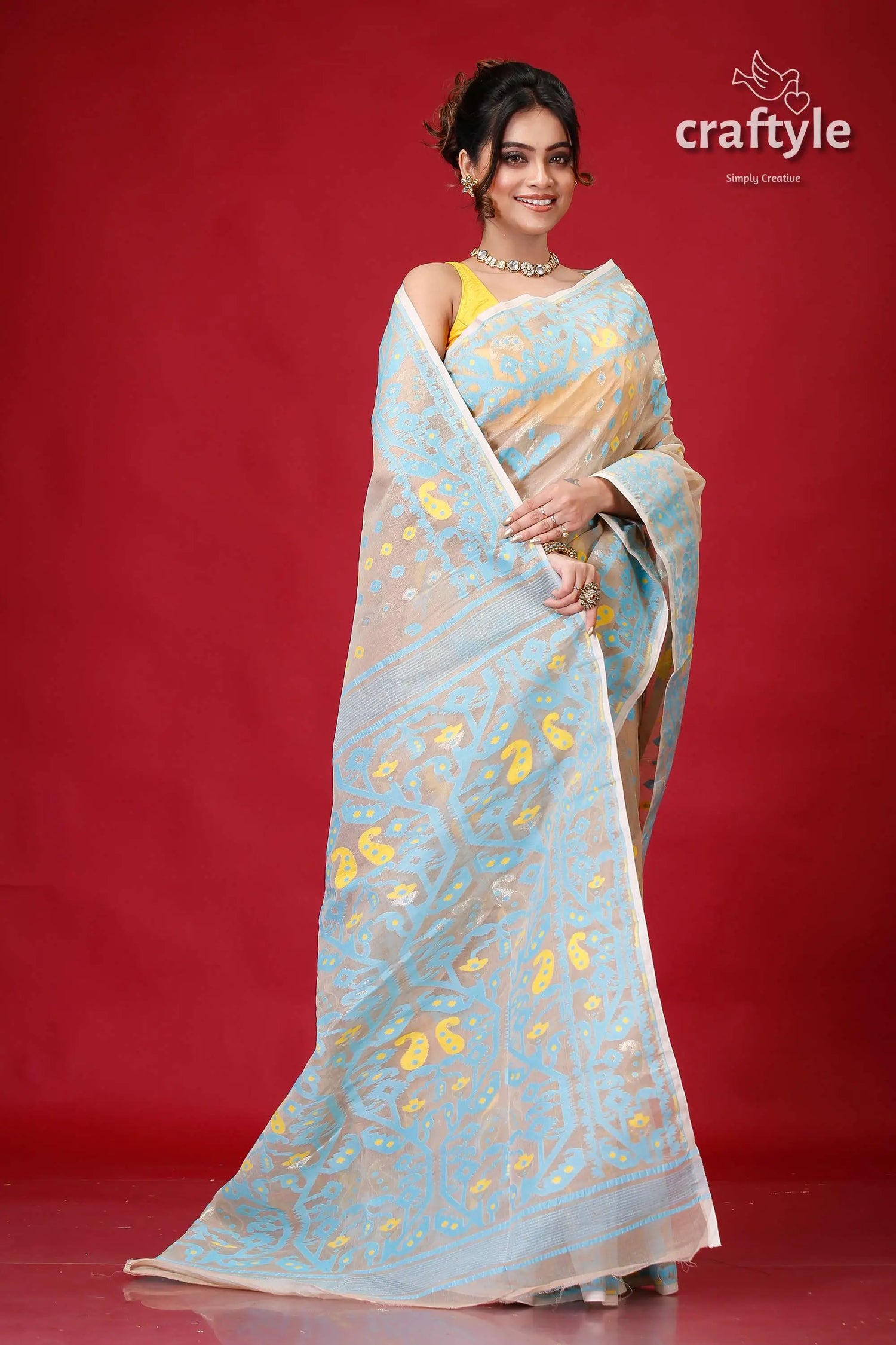 Rodeo dust and blue jamdani saree for women woman light blue saree yellow 4