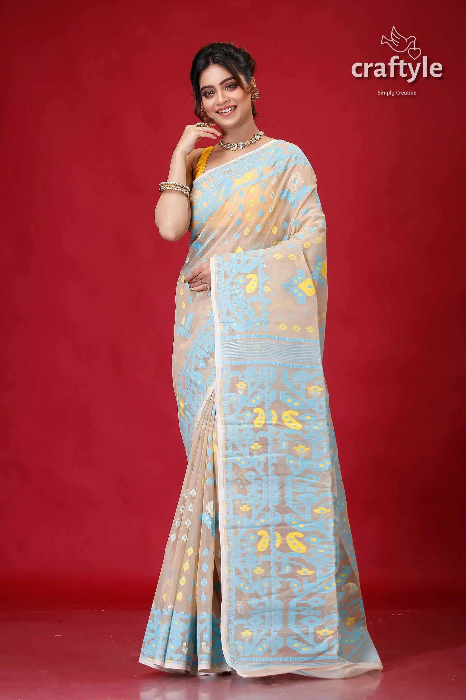 Rodeo dust and blue jamdani saree for women woman light blue beige saree 1