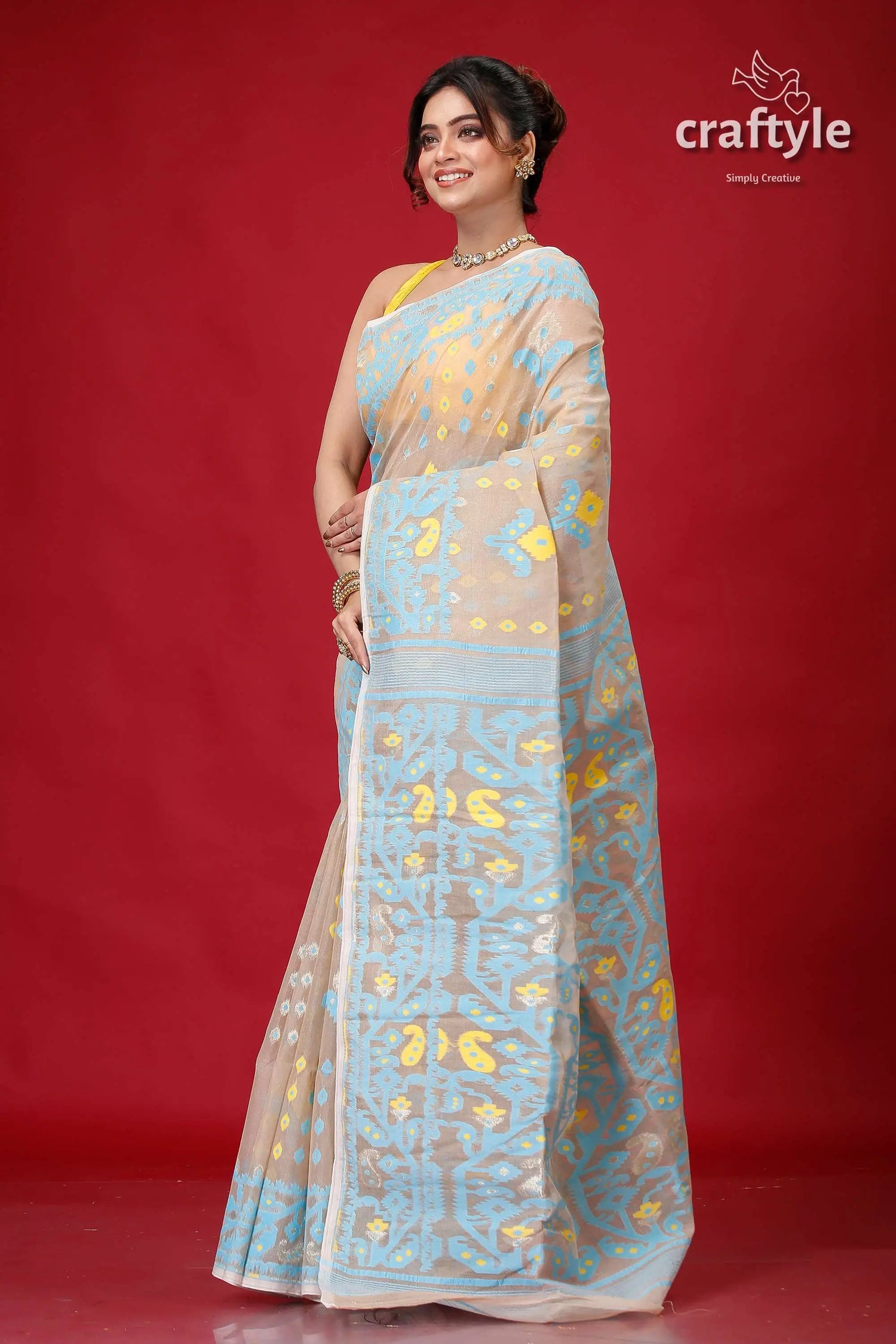 Rodeo dust and blue jamdani saree for women woman light-colored saree blue yellow 5