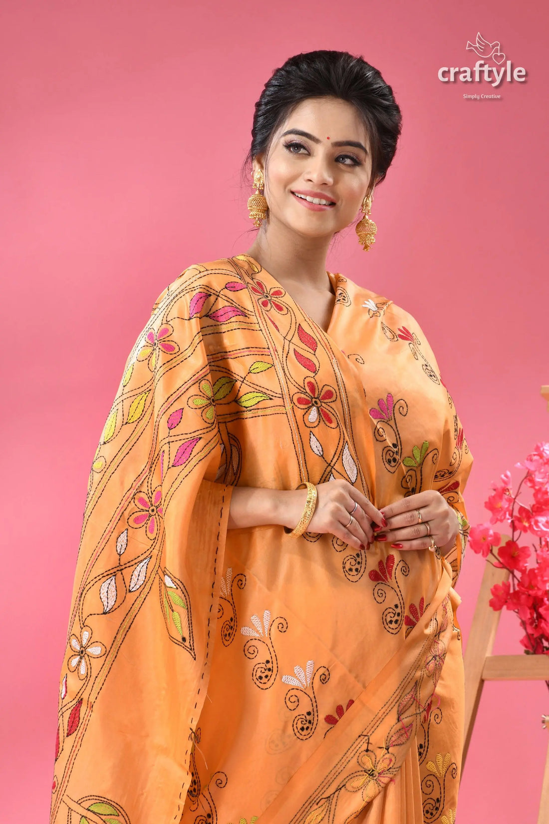 Rodeo dust butterfly motif silk kantha work saree woman peach-colored saree colorful floral 2