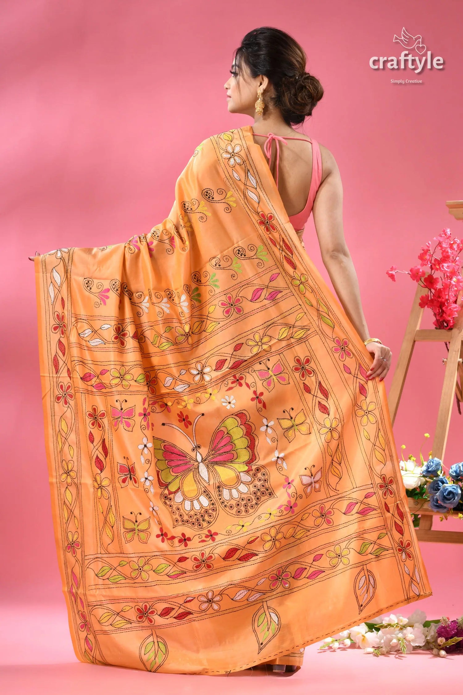Rodeo dust butterfly motif silk kantha work saree peach colored saree intricate hand painted butterfly 5