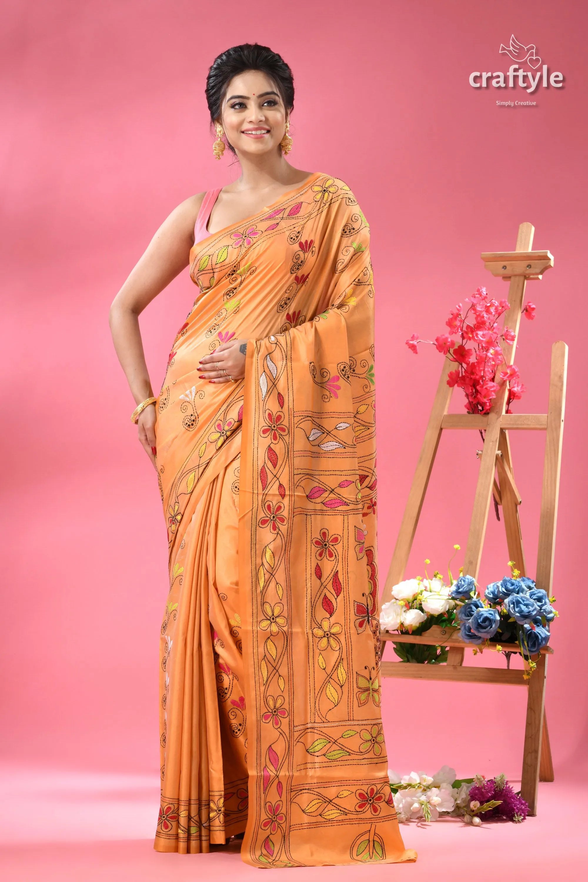 Rodeo dust butterfly motif silk kantha work saree orange hand-painted kantha silk saree 6