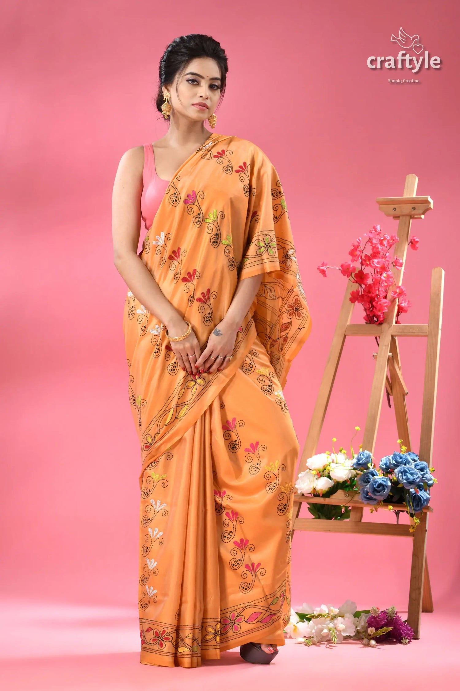 Rodeo dust butterfly motif silk kantha work saree woman light orange saree colorful 3