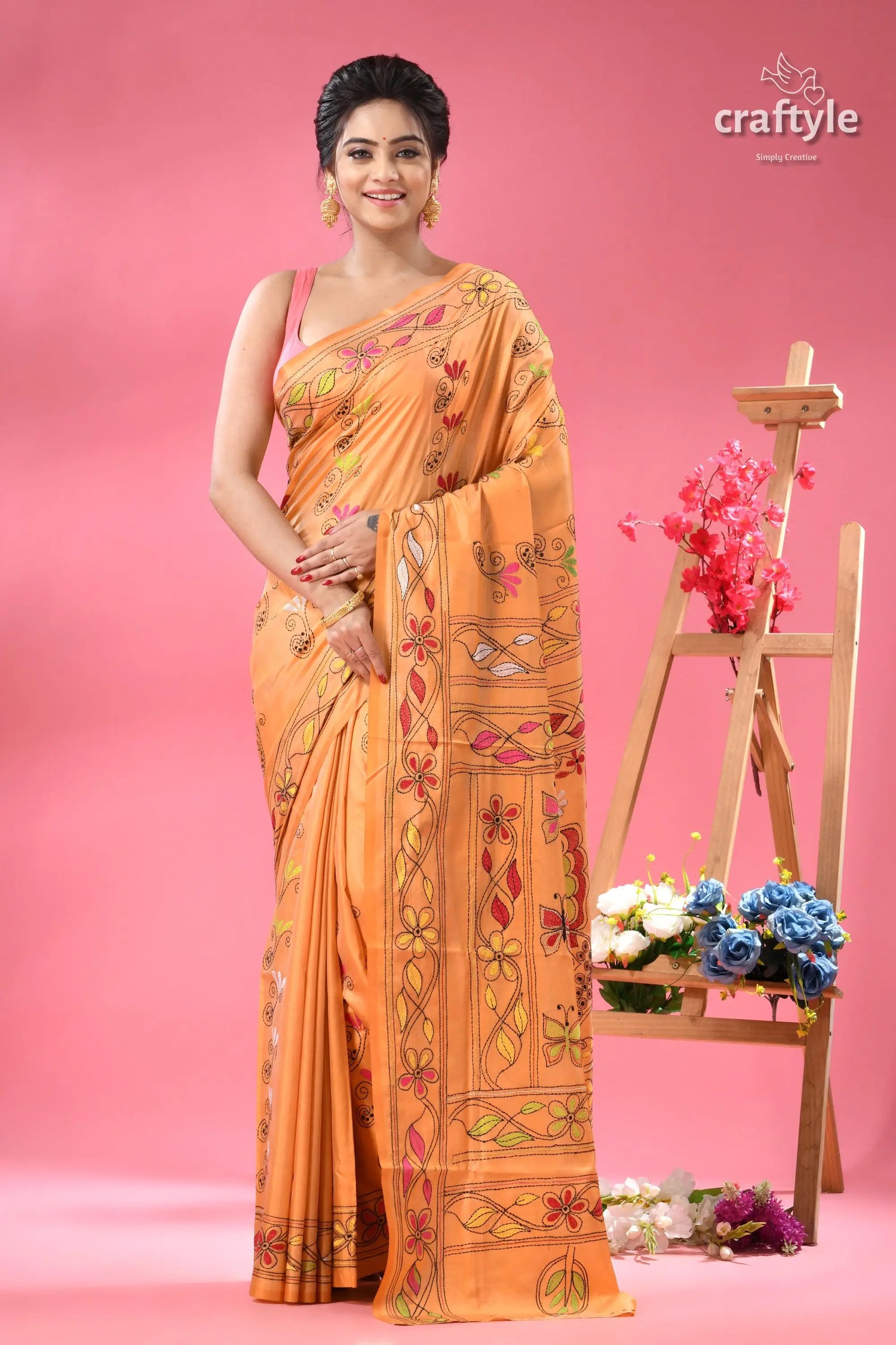Rodeo dust butterfly motif silk kantha work saree light orange saree colorful intricate 1