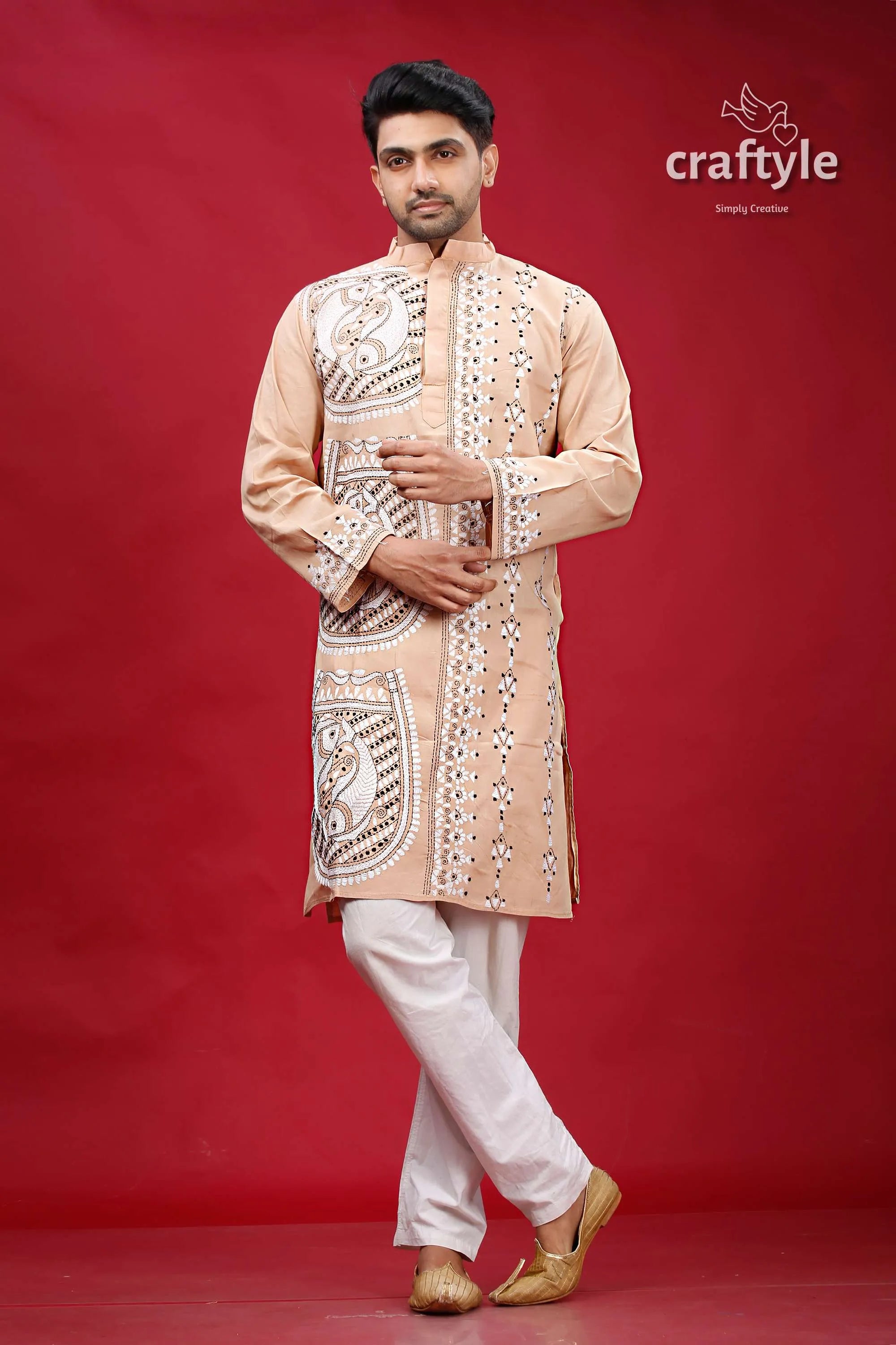 Rodeo dust fish design kantha stitch cotton kurta for men man patterned kurta white pants 1