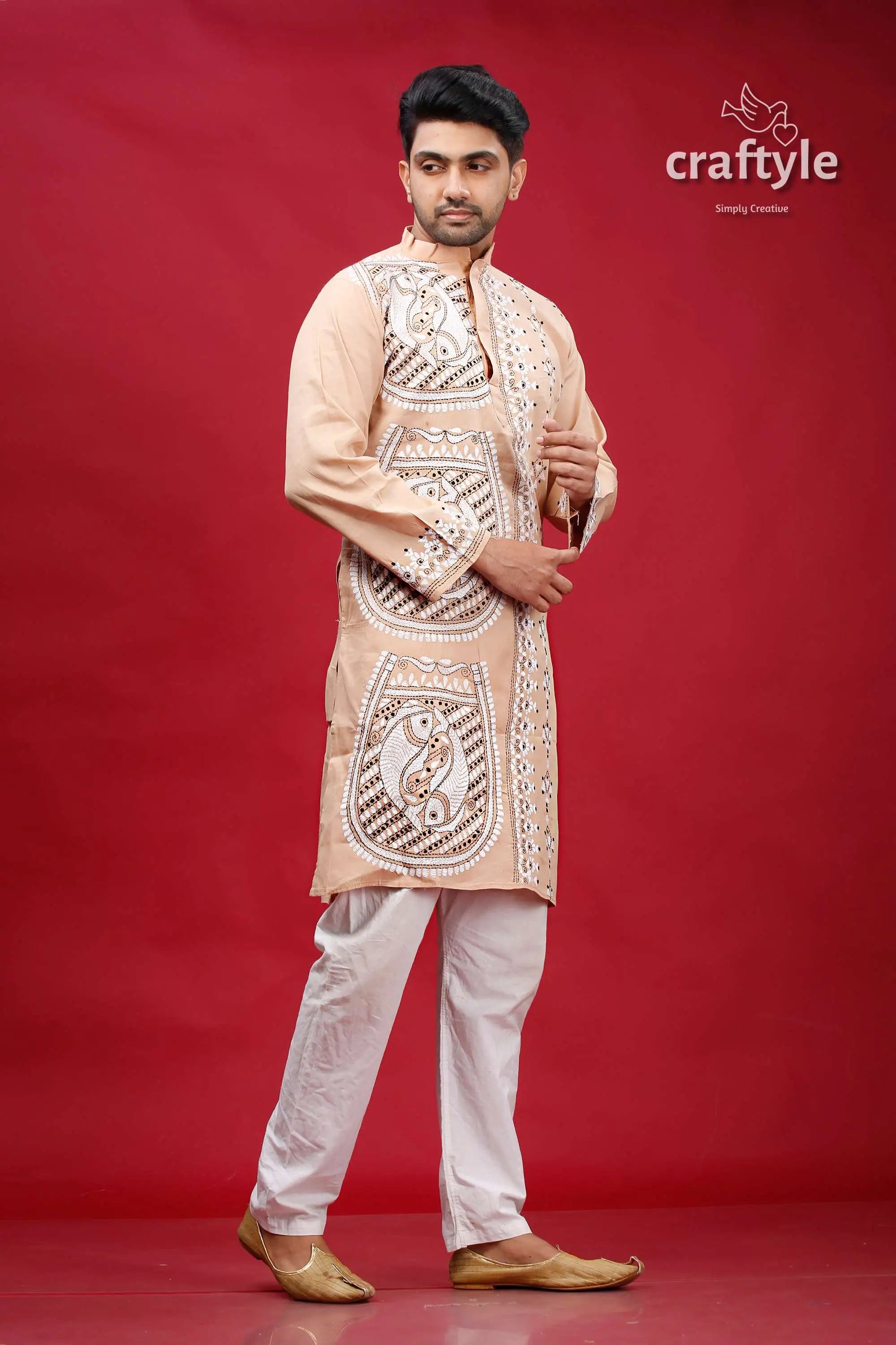Rodeo dust fish design kantha stitch cotton kurta for men man embroidered kurta white pants 4