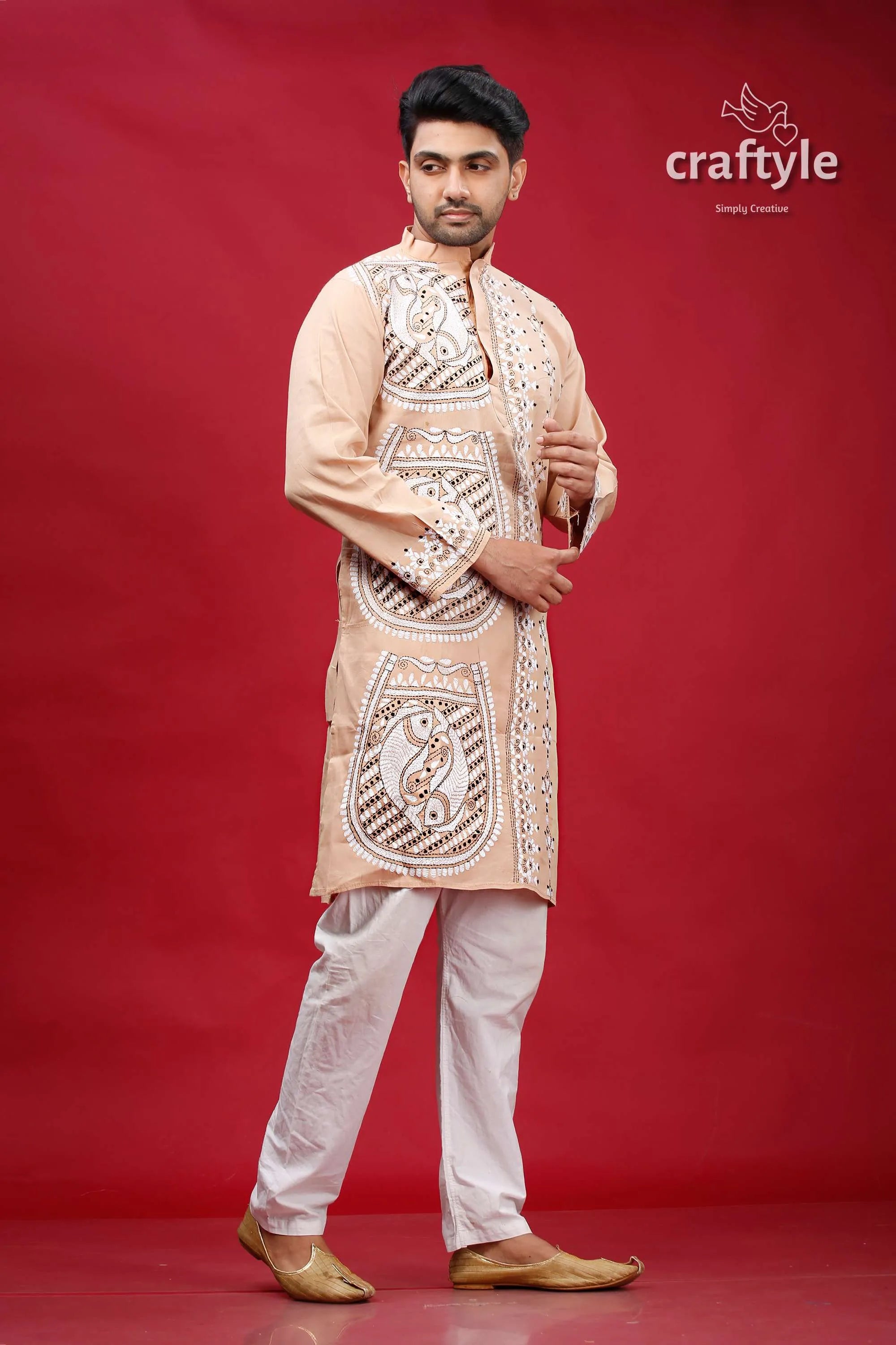 Rodeo dust fish design kantha stitch cotton kurta for men man embroidered kurta white pants 4