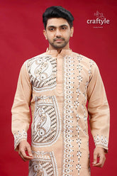Rodeo dust fish design kantha stitch cotton kurta for men beige kurta intricate embroidery 2