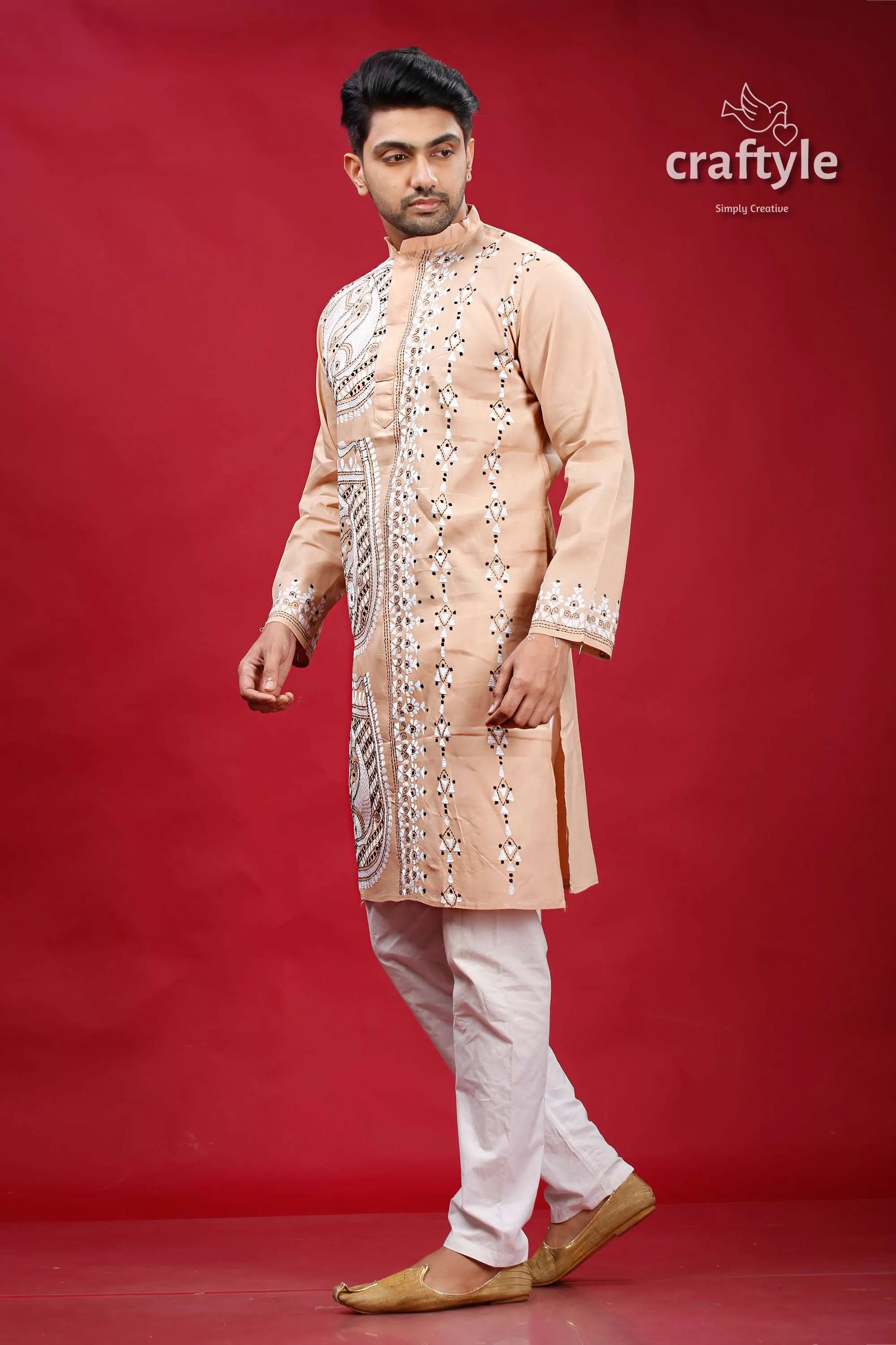 Rodeo dust fish design kantha stitch cotton kurta for men embroidered kurta pajama set 3