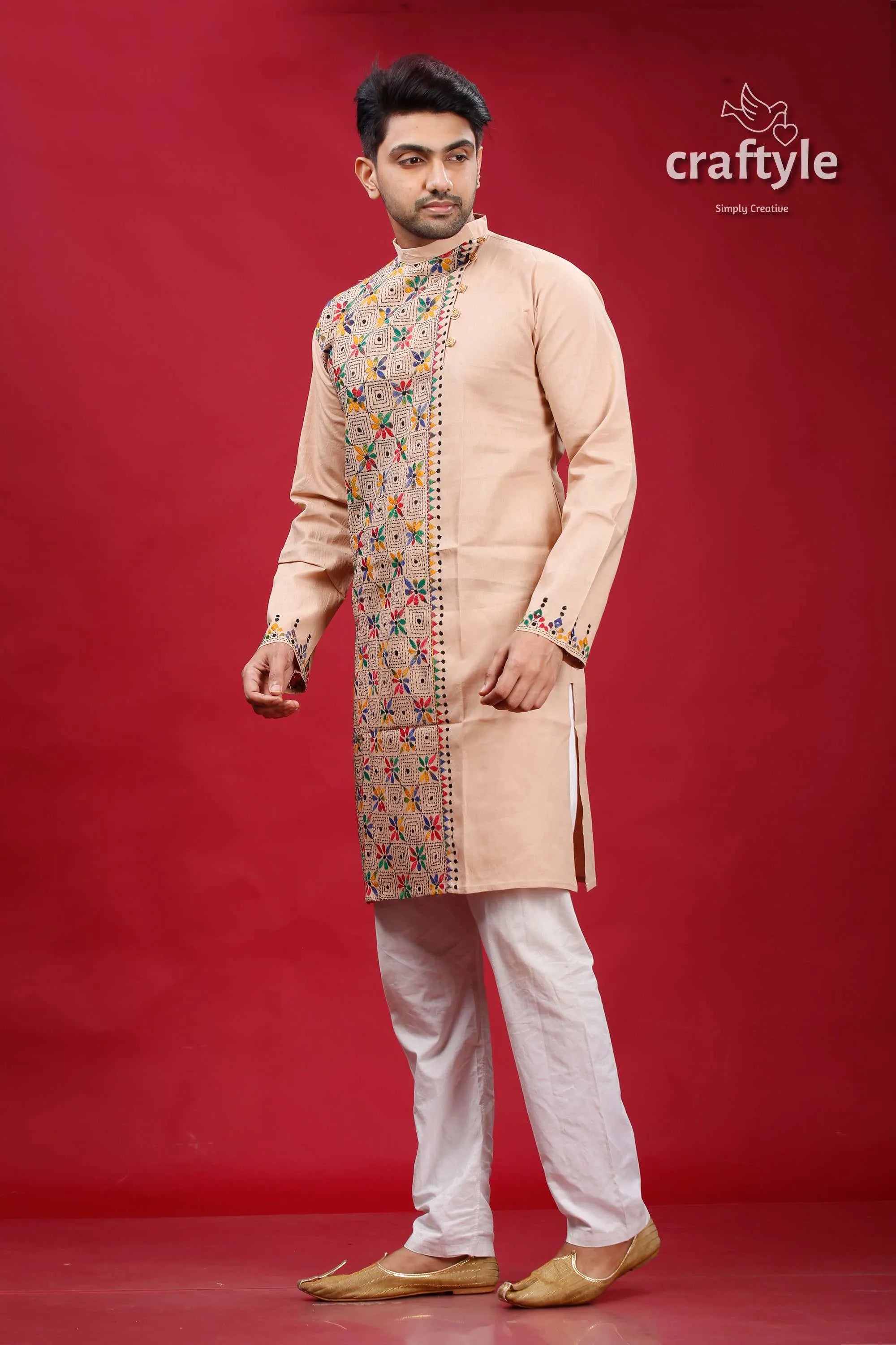 Rodeo dust hand embroidered kantha cotton kurta for men beige colorful geometric 3