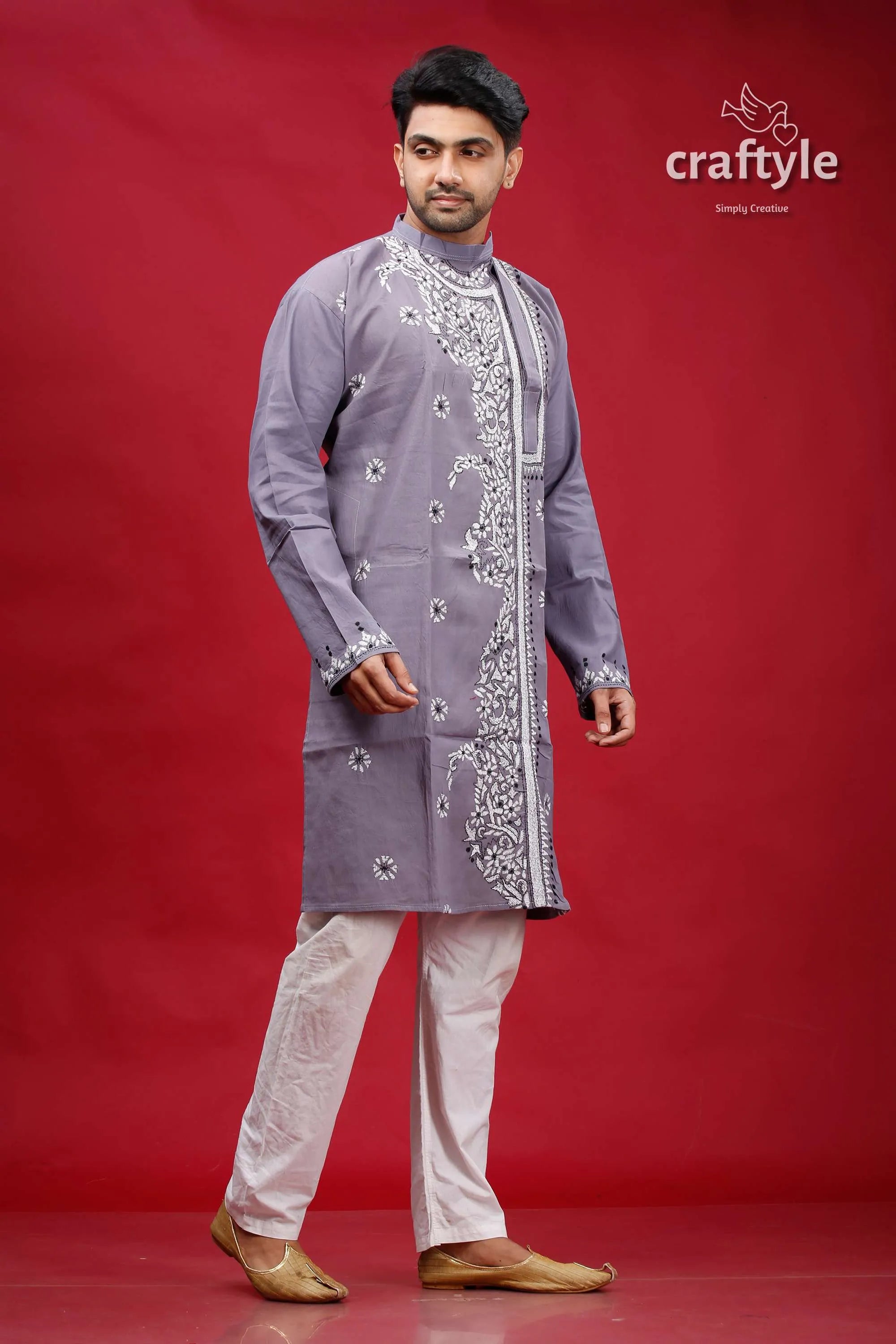 Roman silver kantha embroidery gents kurta man lavender-colored long-sleeved intricate 4