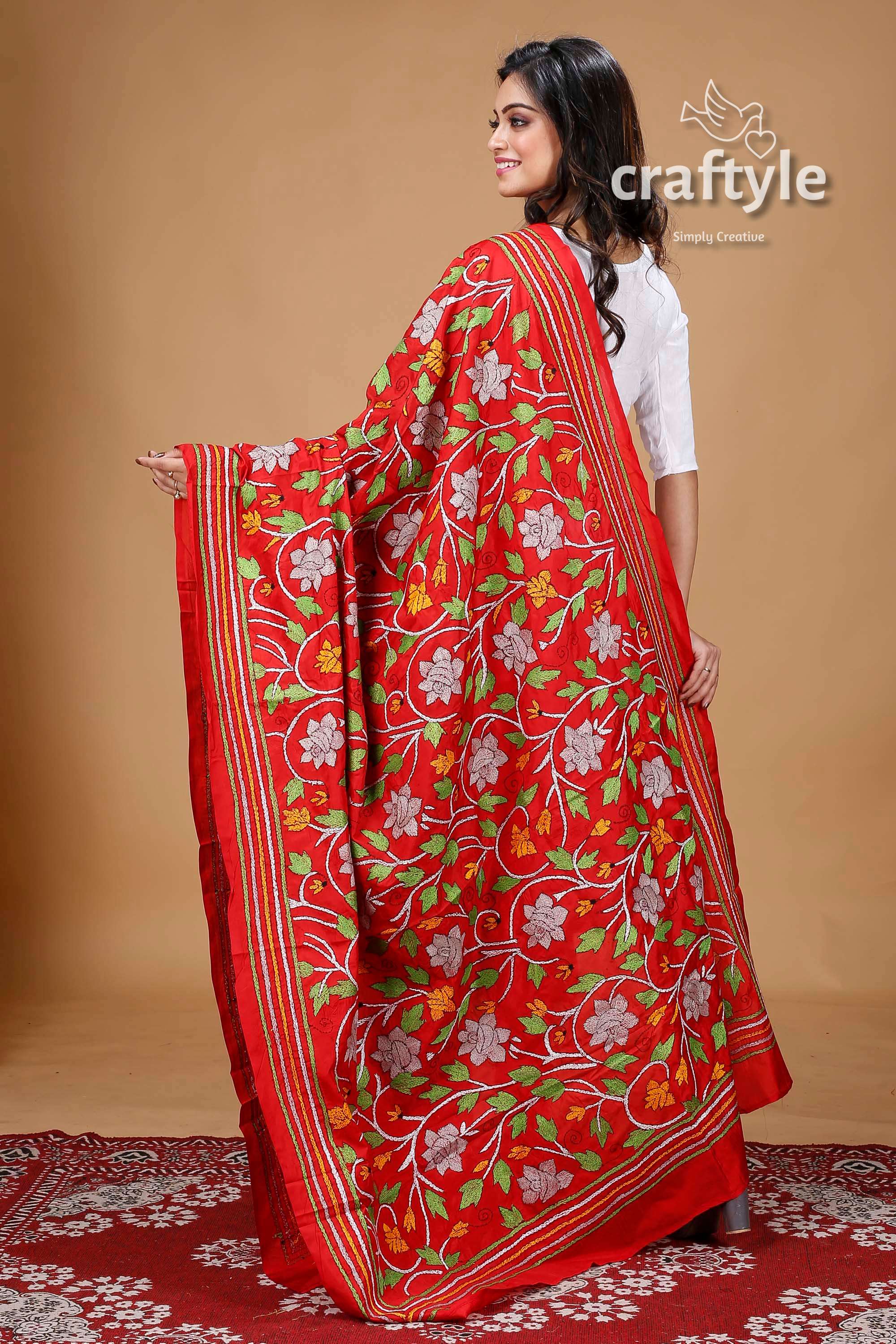 Rose Flower Motif Red Blended Bangalore Silk Kantha Dupatta - Craftyle