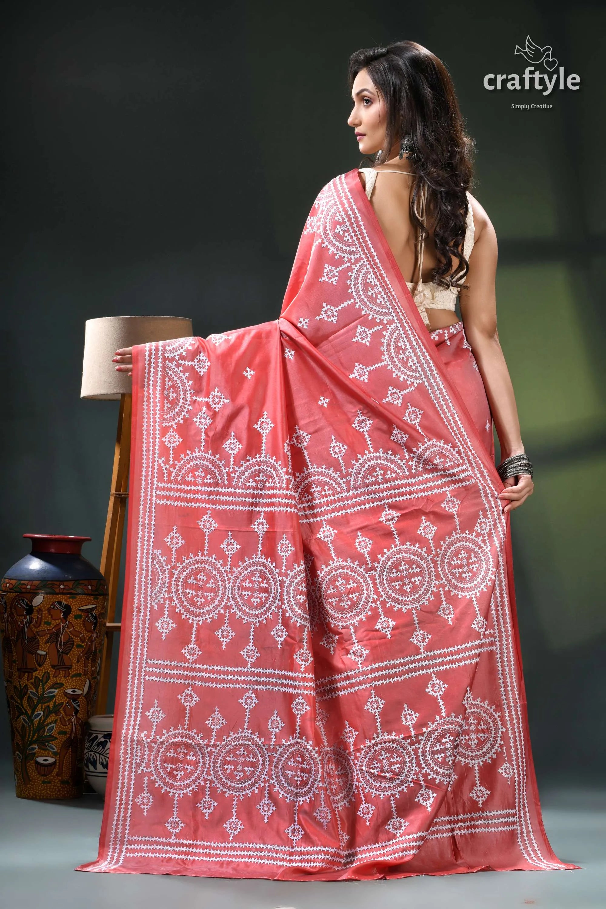 Rose gold intricate white gujrati embroidery silk saree coral pink saree white geometric 5