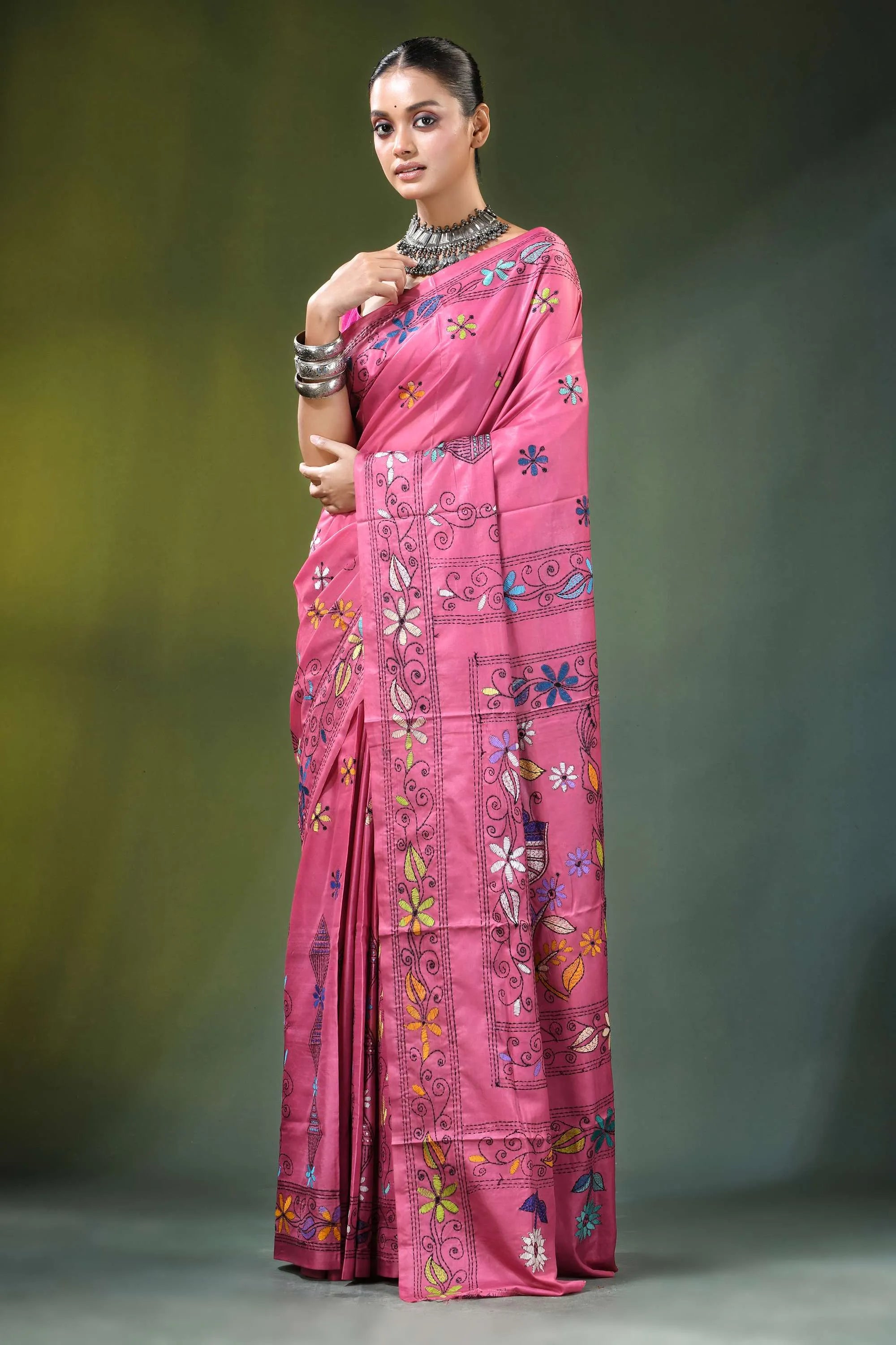 Rose pink bird motif handmade silk kantha stitch saree vibrant adorned intricate 6