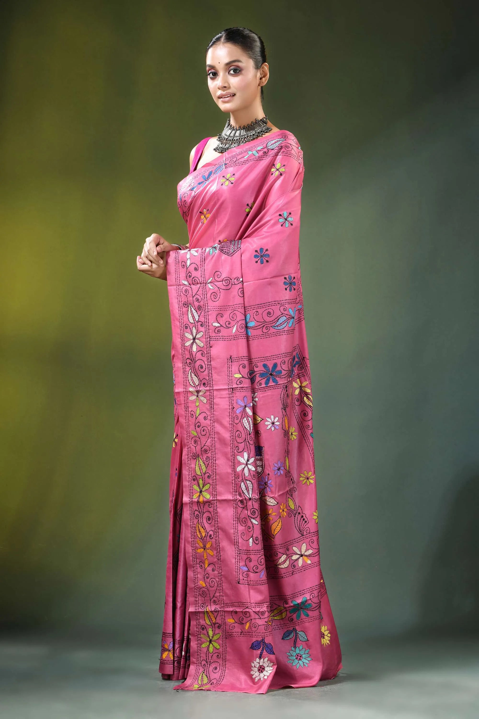 Rose pink bird motif handmade silk kantha stitch saree vibrant adorned intricate 3