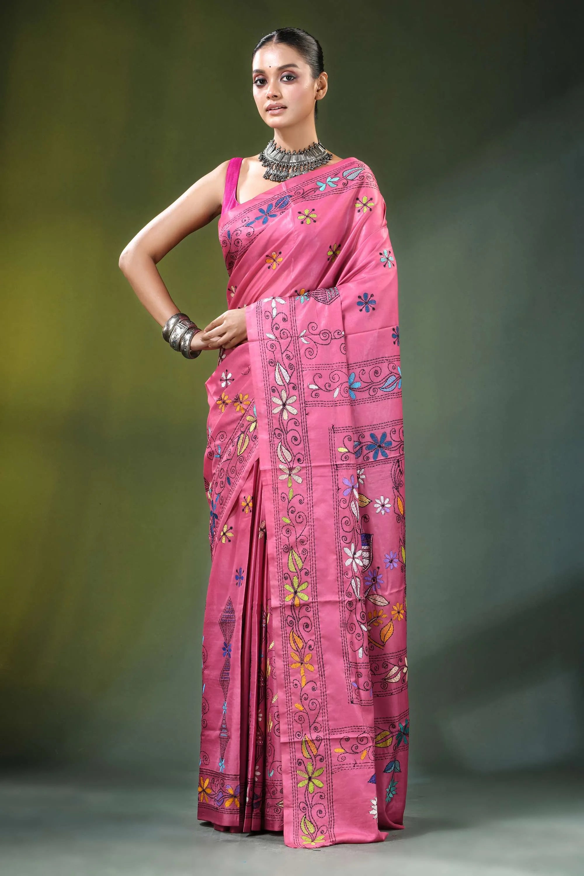 Rose pink bird motif handmade silk kantha stitch saree vibrant adorned intricate 1