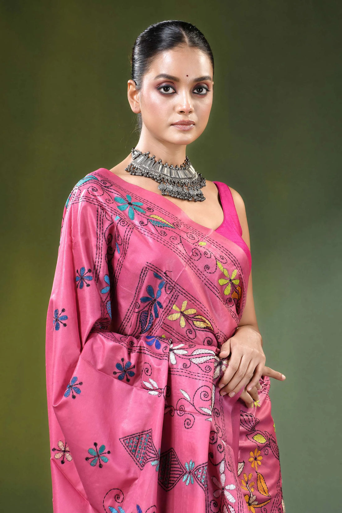 Rose pink bird motif handmade silk kantha stitch saree vibrant adorned intricate 2