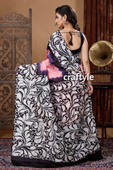 Rose pink hand batik pure mulberry silk saree - sari black white patterned saree 4