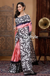 Rose pink hand batik pure mulberry silk saree - sari woman pink black patterned saree 3
