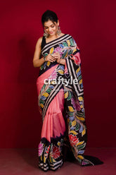 Rose pink sri krishna painted hand batik mulberry pure silk saree woman pink black floral saree 4