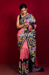 Rose pink sri krishna painted hand batik mulberry pure silk saree woman pink black floral saree 2
