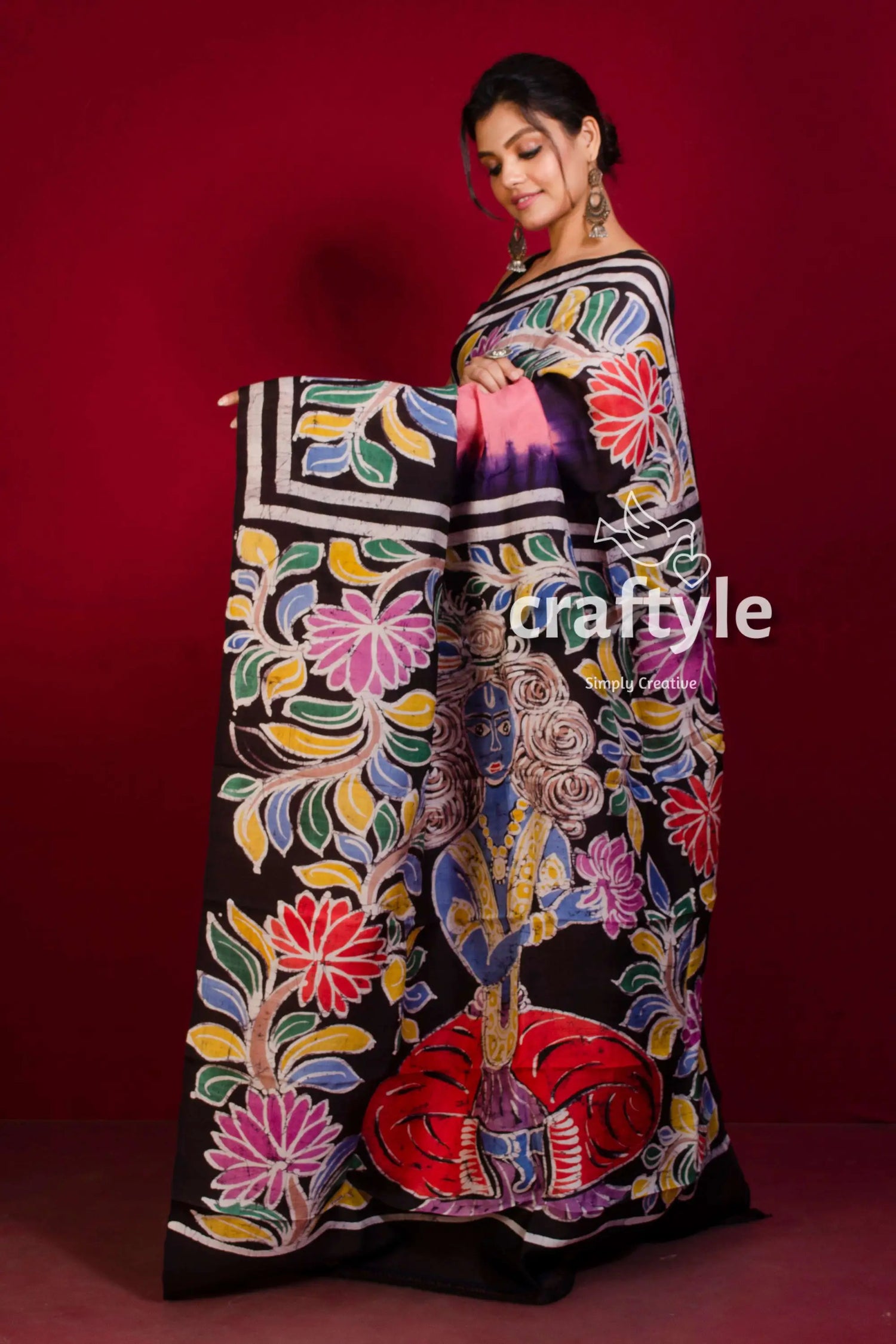 Rose pink sri krishna painted hand batik mulberry pure silk saree floral-patterned black saree 5