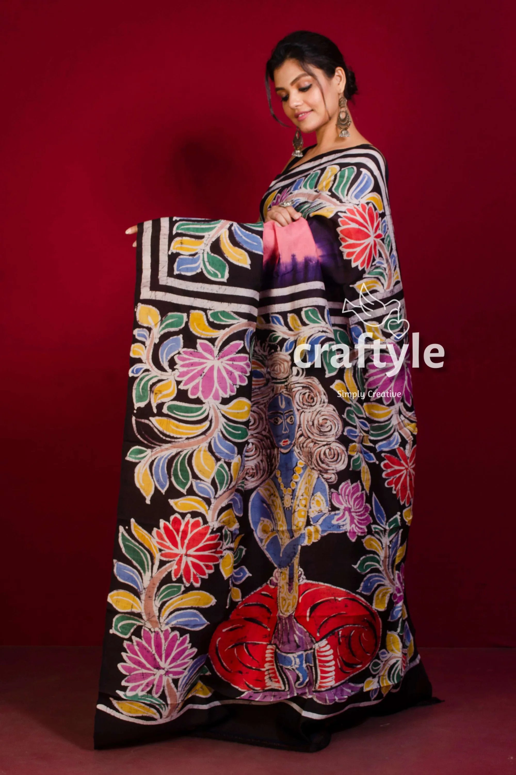 Rose pink sri krishna painted hand batik mulberry pure silk saree floral-patterned black saree 5