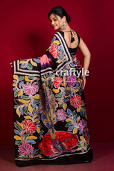 Rose pink sri krishna painted hand batik mulberry pure silk saree floral-patterned black saree 6