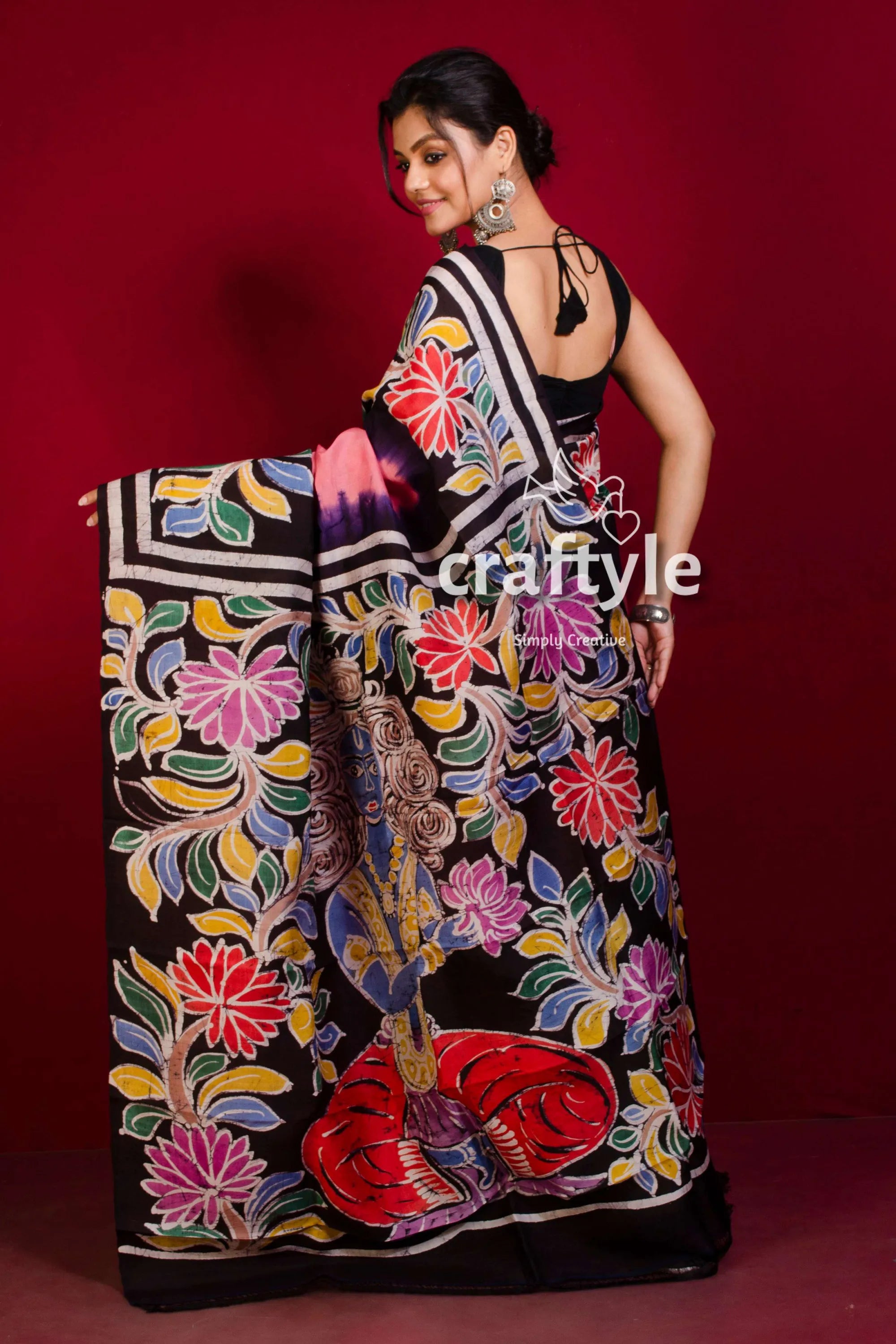 Rose pink sri krishna painted hand batik mulberry pure silk saree floral-patterned black saree 6