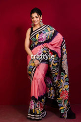 Rose pink sri krishna painted hand batik mulberry pure silk saree pink saree floral batik design 1