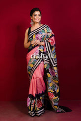 Rose pink sri krishna painted hand batik mulberry pure silk saree woman pink floral saree 3