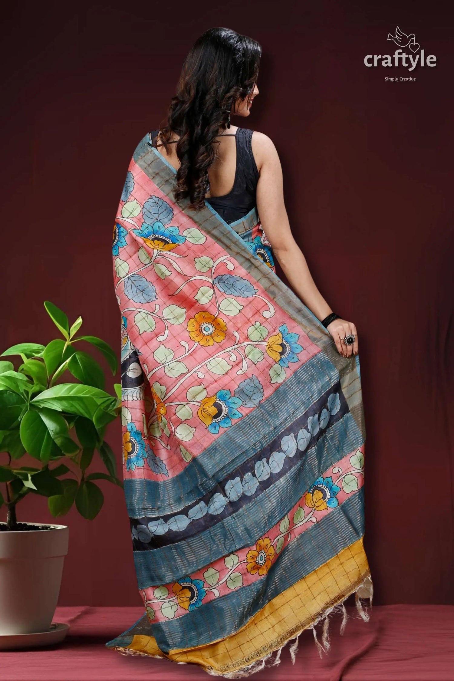 Rose pink & yellow hand painted zari pure tussar kalamkari saree floral-patterned saree 4