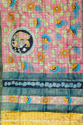 Rose pink & yellow hand painted zari pure tussar kalamkari saree floral avian patterned fabric 5