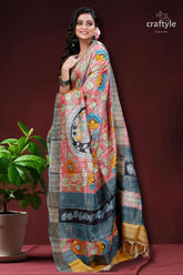 Rose pink & yellow hand painted zari pure tussar kalamkari saree floral-patterned pink saree 3
