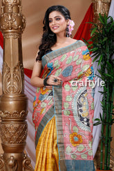 Rose Pink & Yellow Hand Painted Zari Pure Tussar Kalamkari Saree - Craftyle