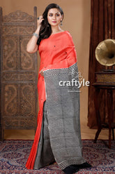 Rose red & black hand block mulberry pure silk saree woman coral black saree 4