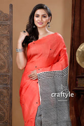 Rose red & black hand block mulberry pure silk saree woman coral saree black white 3