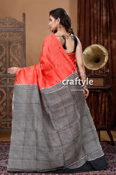 Rose red & black hand block mulberry pure silk saree woman red black saree 2