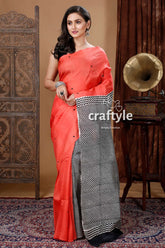 Rose red & black hand block mulberry pure silk saree woman coral black saree 1