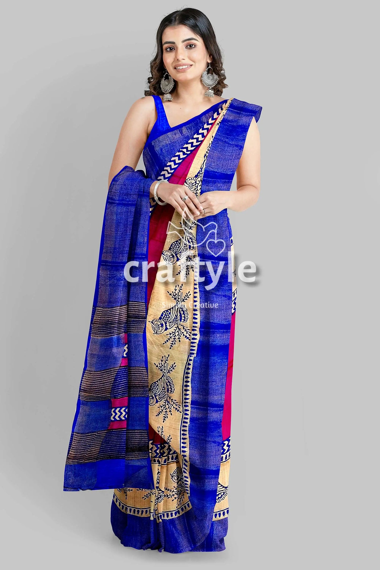 Rose red blue hand block print zari pure tussar saree - indian ethnic wear woman blue pink saree 3