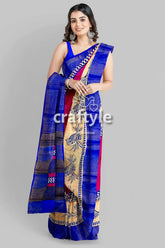 Rose red blue hand block print zari pure tussar saree - indian ethnic wear woman blue pink saree 3