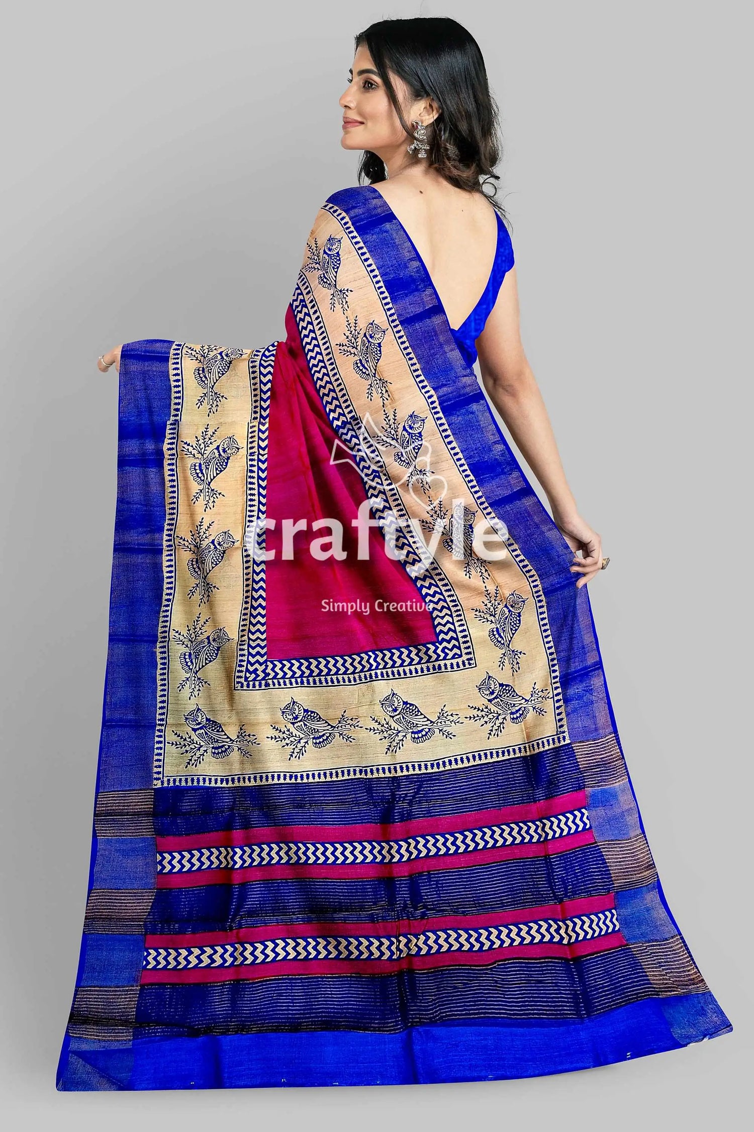 Rose red blue hand block print zari pure tussar saree - indian ethnic wear blue pink patterned saree 6