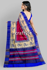 Rose red blue hand block print zari pure tussar saree - indian ethnic wear blue pink patterned saree 6
