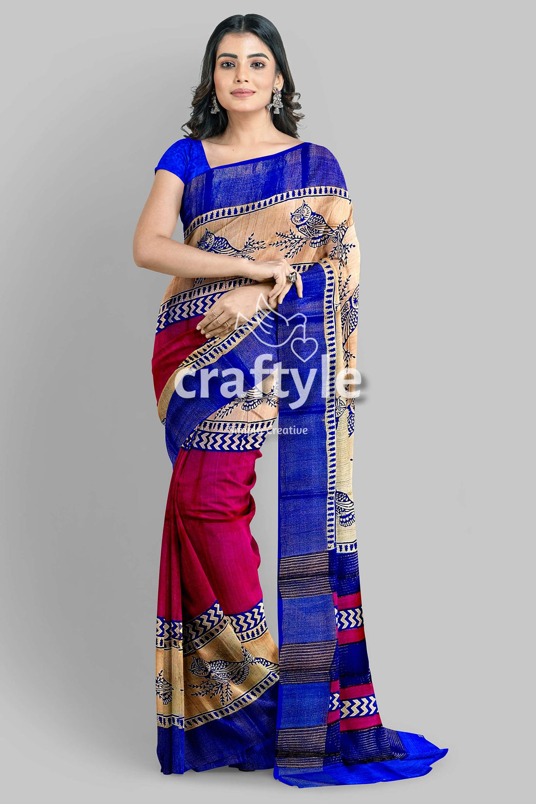 Rose Red Blue Hand Block Print Zari Pure Tussar Saree - Indian Ethnic Wear - Craftyle