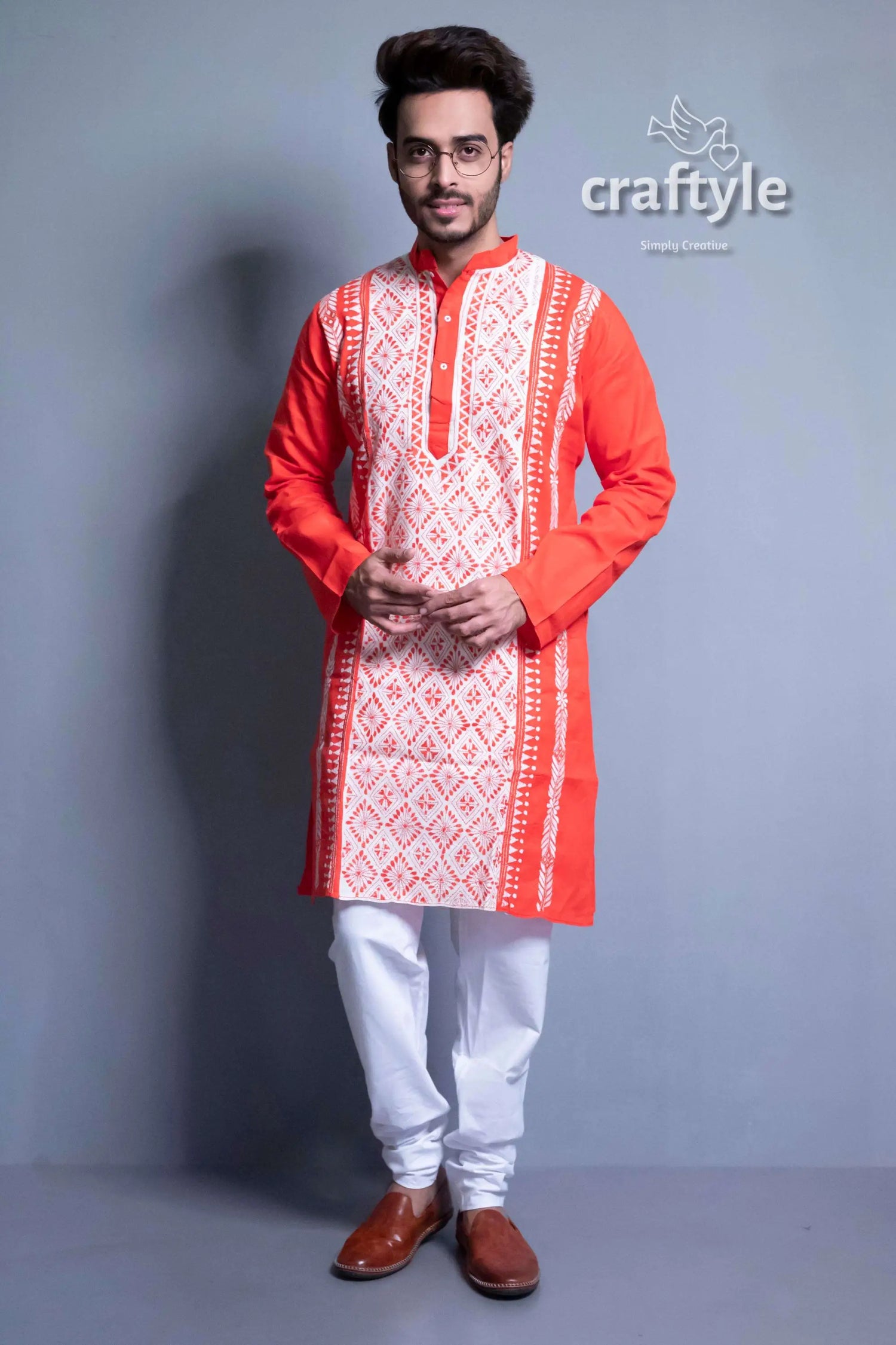 Rose red kantha work ethnic embroidered cotton kurta panjabi for men man orange kurta white embroidery 4