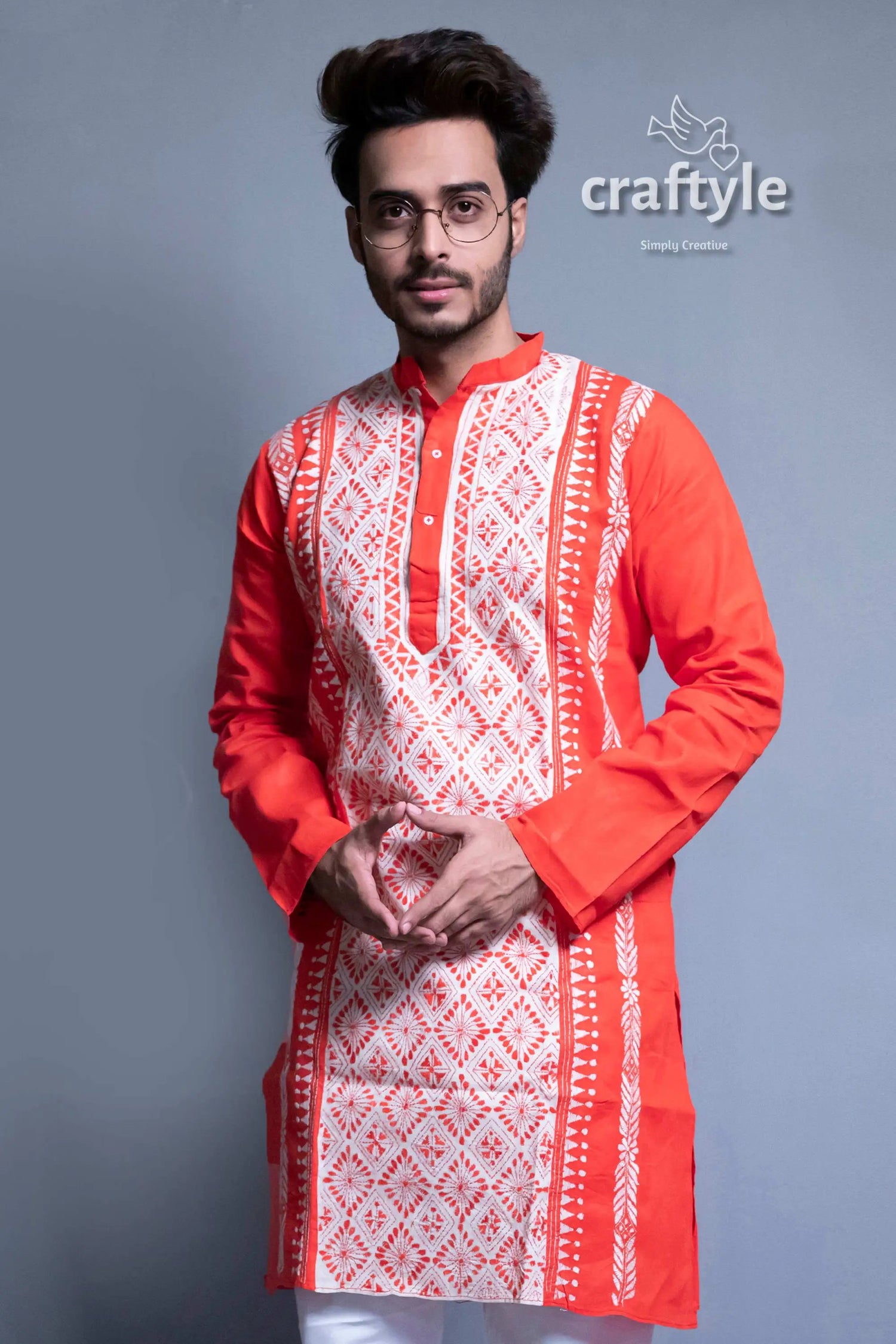 Rose red kantha work ethnic embroidered cotton kurta panjabi for men orange embroidered kurta 3