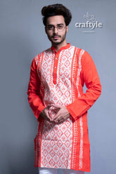 Rose red kantha work ethnic embroidered cotton kurta panjabi for men orange embroidered kurta 3