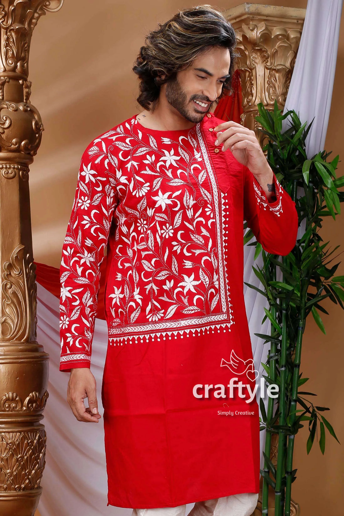 Rose red kantha work hand embroidered menās kurta red embroidered kurta 2