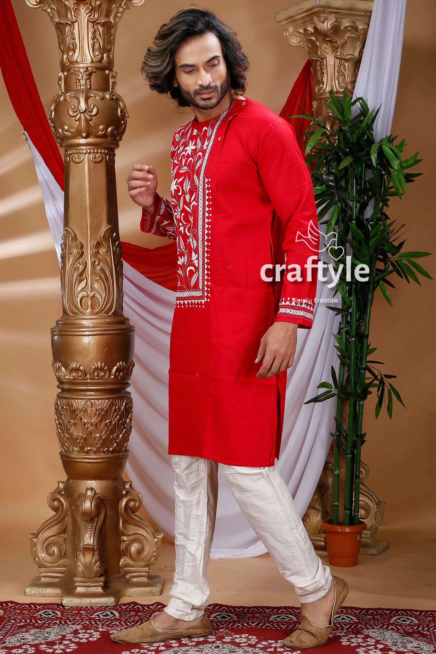 Rose red kantha work hand embroidered men’s kurta red embroidered kurta pajama set 3