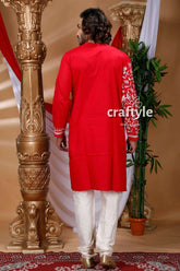Rose red kantha work hand embroidered men’s kurta red kurta embroidered sleeve 4